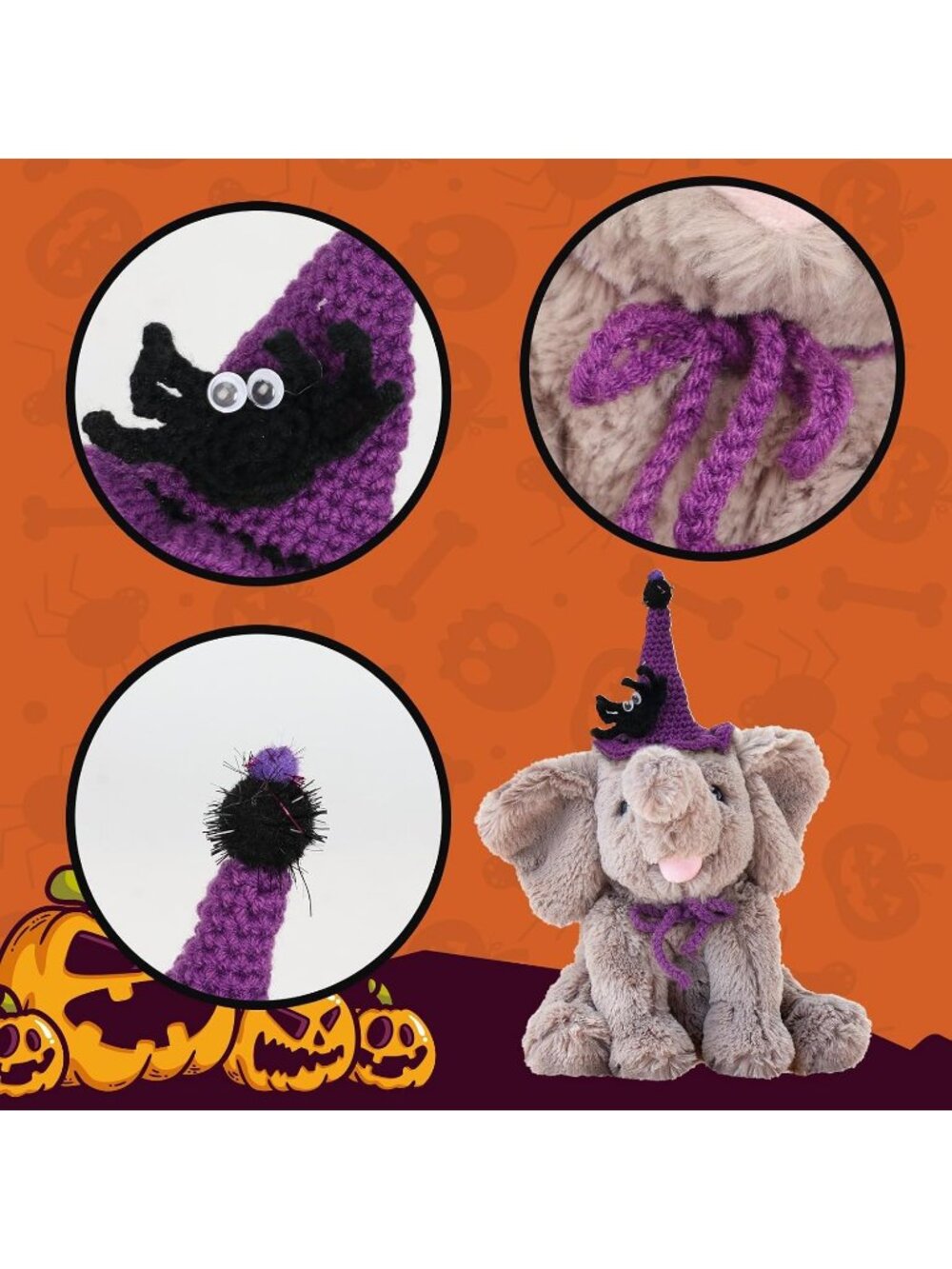 10" Halloween Gray Elephant Plush Witch Hat Soft Floppy Stuffed Animal - Picture 6 of 6